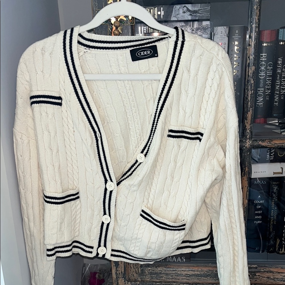 Chic White Sweater with Navy Accents